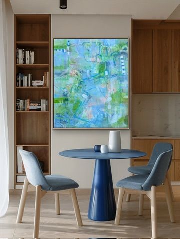 Abstraktes Acrylgemälde in Blau und Frühlingsgrün mit fließenden Linien und Collage-Elementen – „Frühlingsspaziergang am Wasser" von Sylvie Gasser / AtelierWerkstatt , Abstract acrylic painting in blue and spring green with flowing lines and collage elements – "Spring Walk by the Water" by SylvieGasser/ AtelierWerkstatt