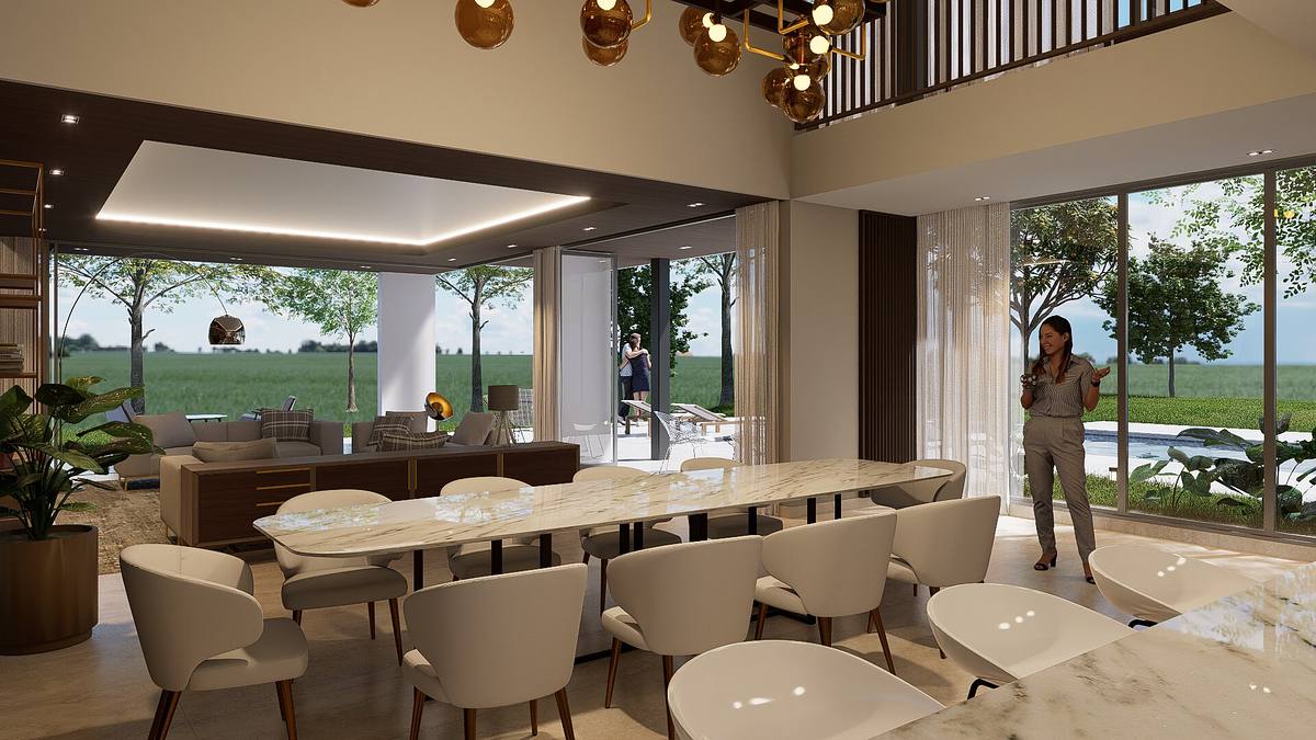 render interior casa lujo patio interior espacio social arquitectura