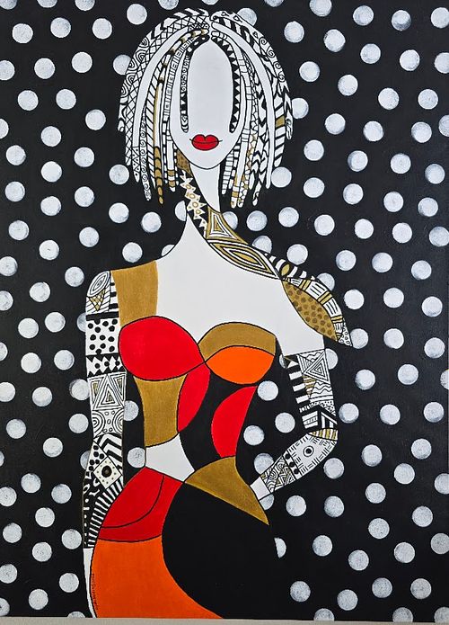 Lydia Peters Art, The Silent Observer,  The Internal Canvas Collection, Lydia Peters Fine Art, meditative cubist figure, black and white geometric art, quiet reflection painting, Caribbean Abstract artist.