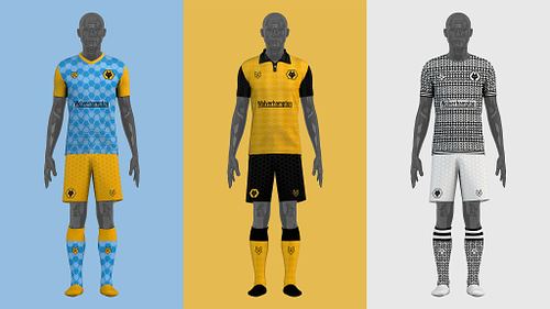 Front view of Wolves home, away, and third full kit concepts displayed side by side on mannequins.