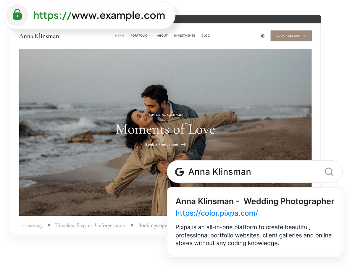 A Pixpa writing portfolio on its own domain