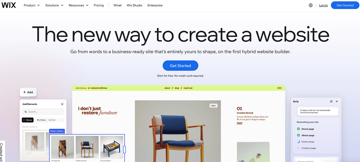 Wix homepage showing its drag-and-drop website builder and template library