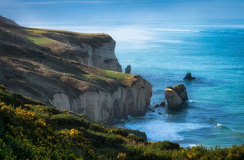Seascapes, ocean, waves, shores, sand, rocks, surf, clouds, sky, travel, nature, landscape, seaside, beach, Dunedin, Otago, South Island, New Zealand,Tunnel Beach, Brighton, cliffs, spring, grass