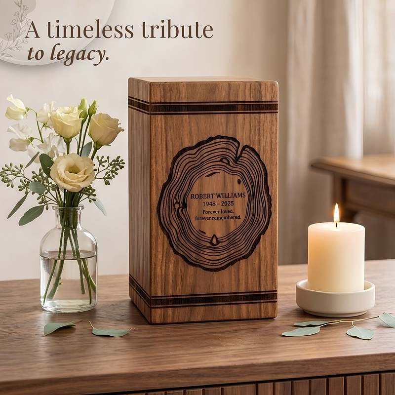 Memory Rings Wood Urn Box for Ashes
