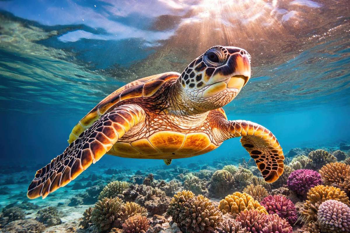 Sea turtle fine art metal print swimming in clear tropical waters - premium aluminum wall art by Mac & Mallard