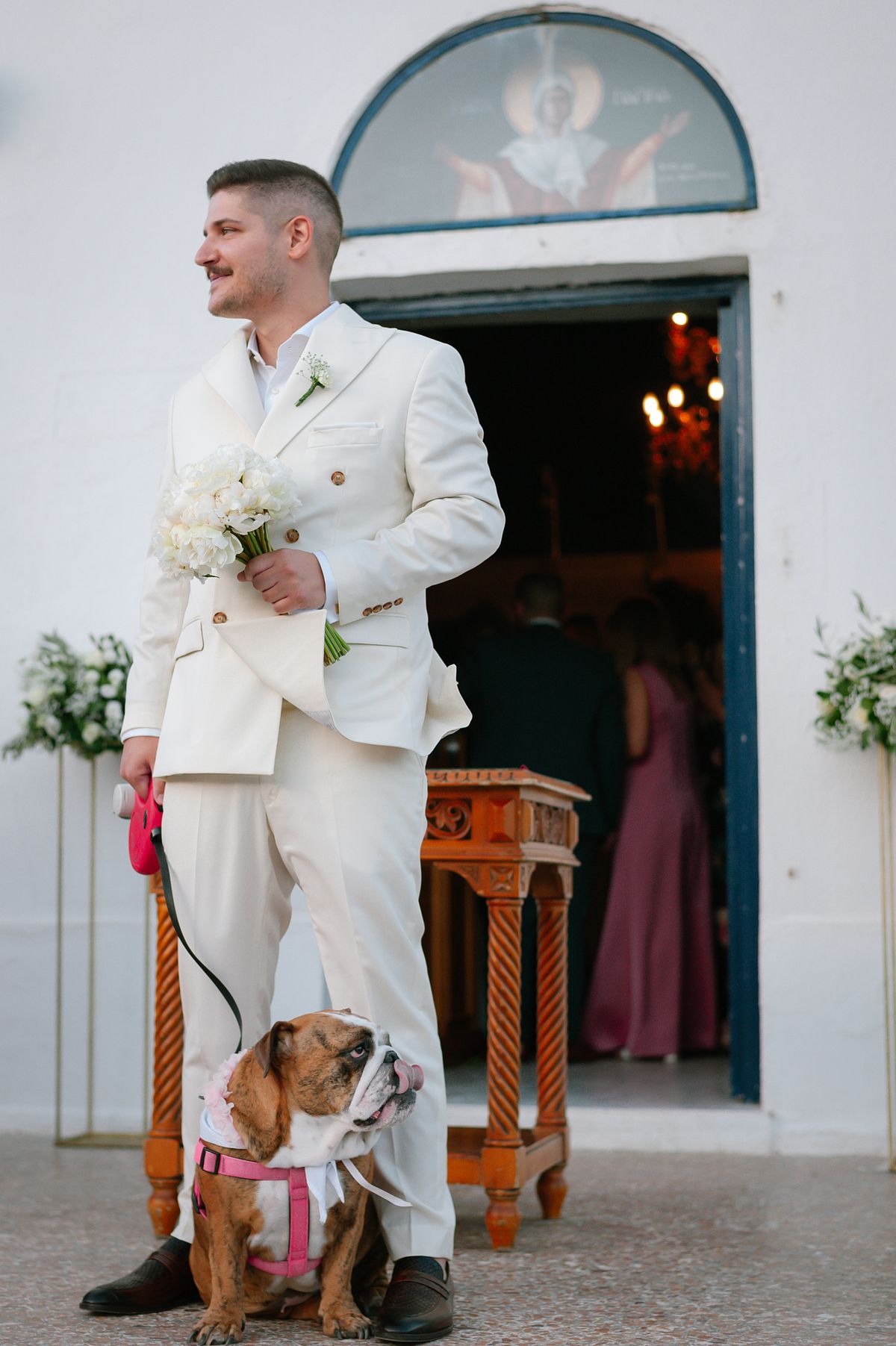 groom portrait with his dog in Greece &ndash; pet friendly wedding photography destination wedding photographer