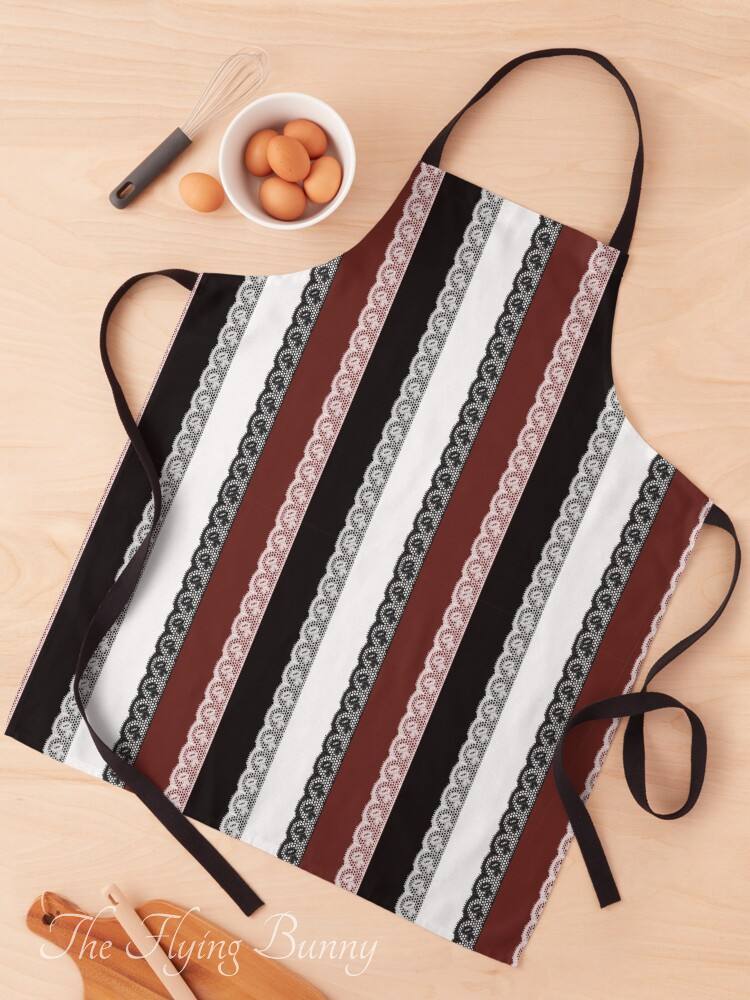 Black, white, and muted red ornamental stripe repeating pattern shown on a kitchen apron.
