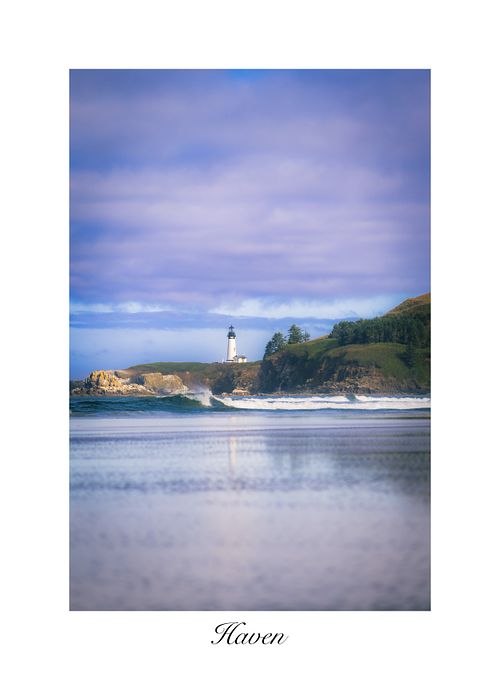 Caught in the quiet stillness of dawn, "Haven", captures the Pacific Northwest Yaquina Head lighthouse shrouded in rolling morning fog and crashing ocean waves.