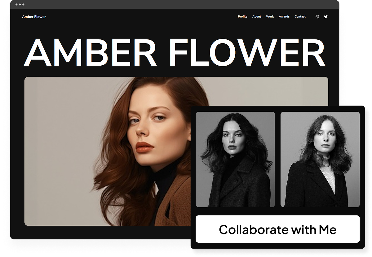 A model and actor portfolio website on Pixpa with an inline showreel and a custom domain