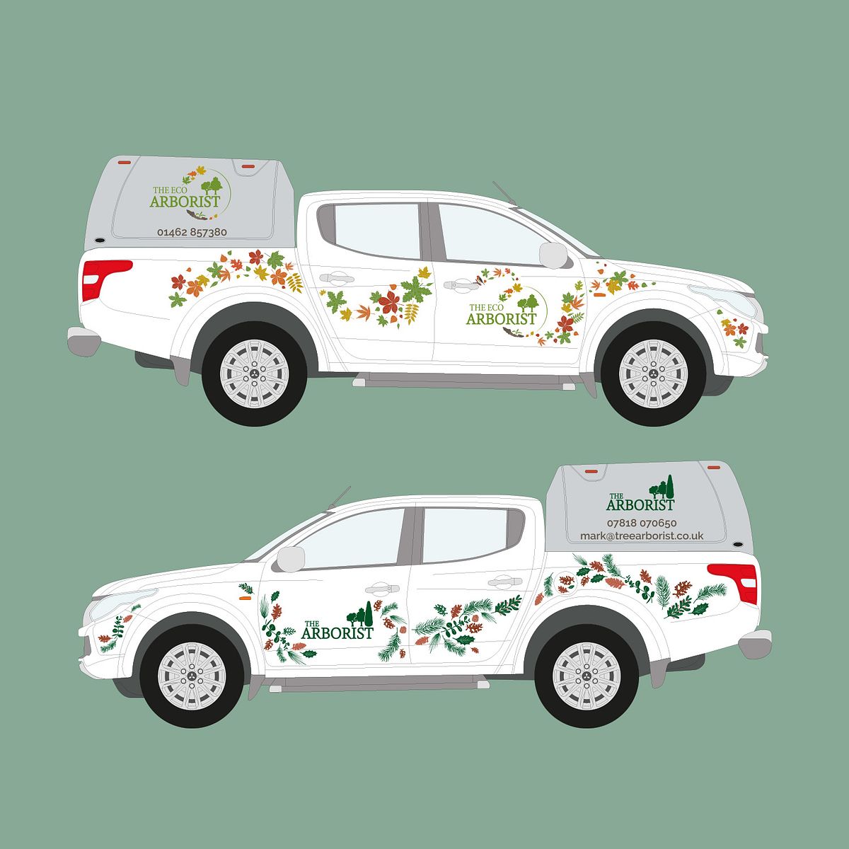 white truck with trailing leaf decal design