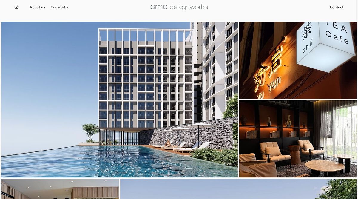 cmc designworks' single-scroll site, led by a full-bleed asymmetric photo grid of architecture and interior projects