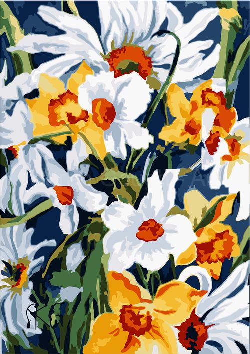 Vibrant watercolour poster print featuring white and yellow jonquils and daisies with rich contrasting tones and detailed floral elements.
