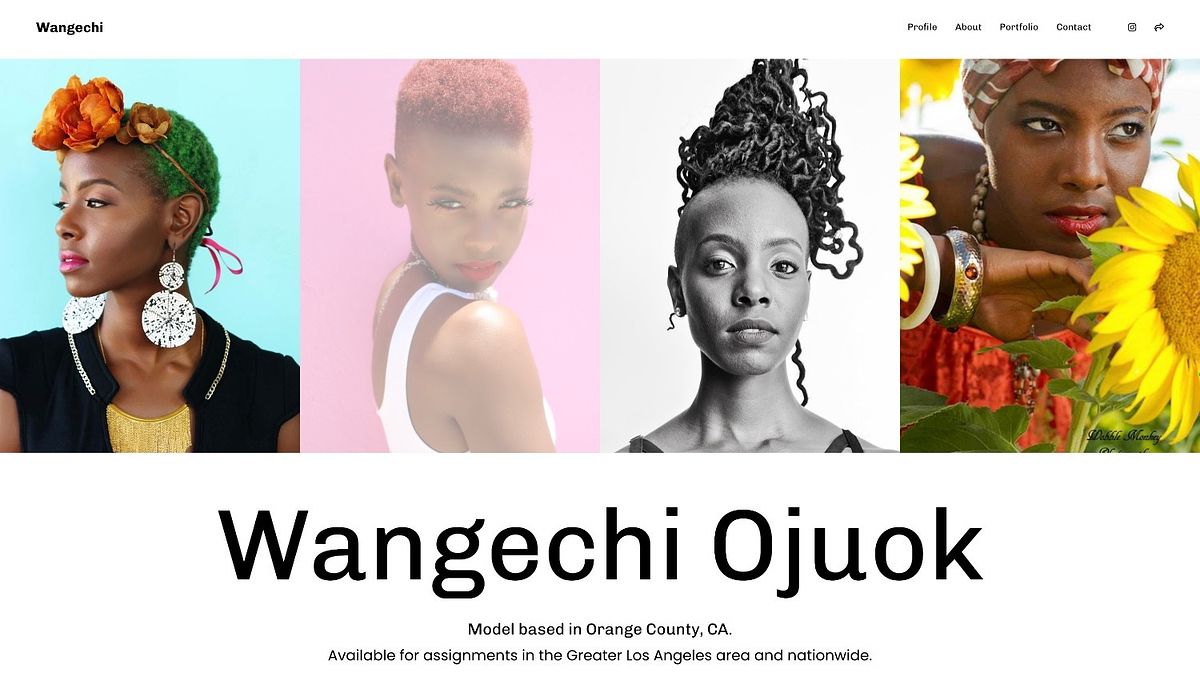 Wangechi Ojuok's modeling portfolio, name-forward layout with location and availability