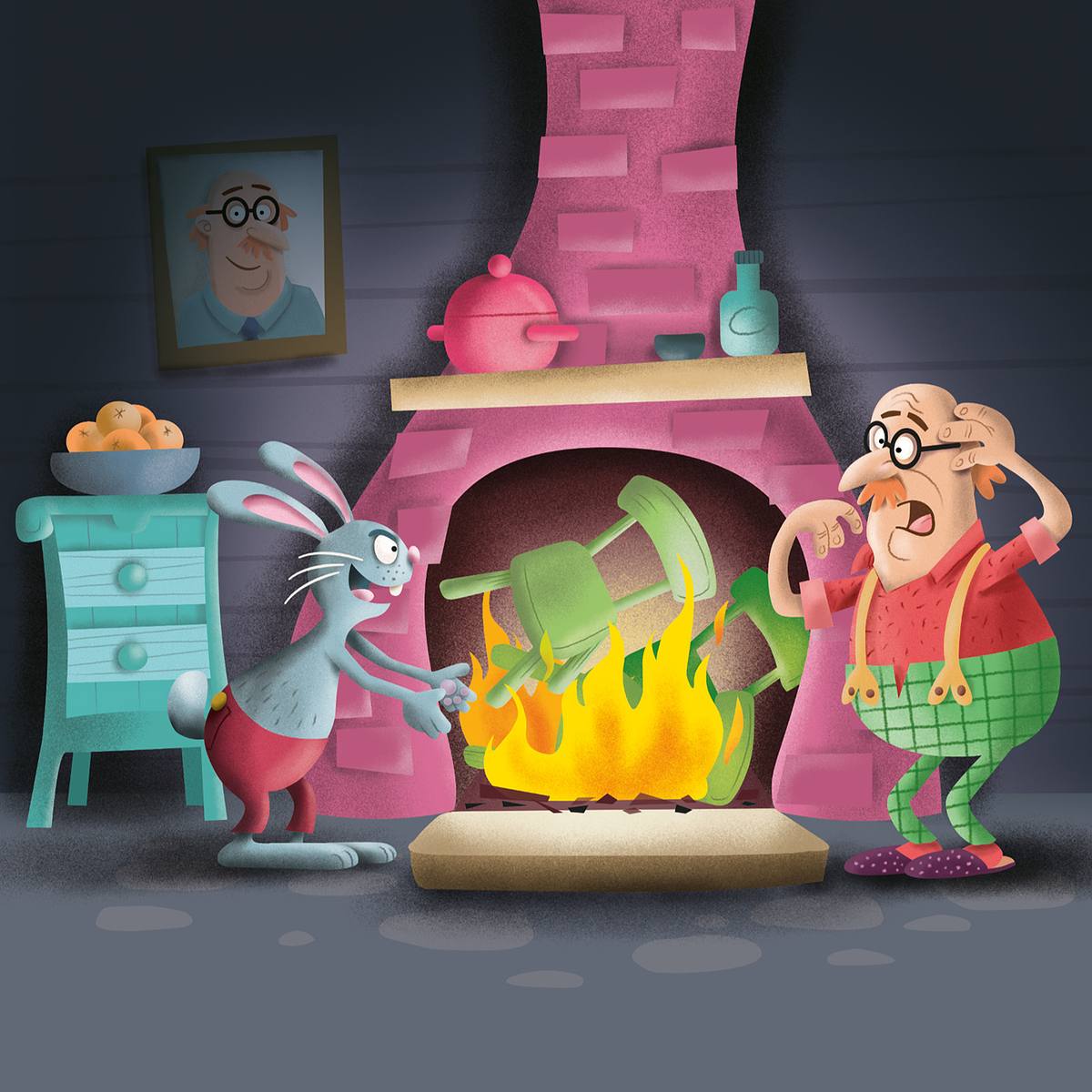 Kinderboek illustratie van Poetzarelli, konijn gooit stoel in het vuurhaard. Huisbaas kijkt verschrikt toe.