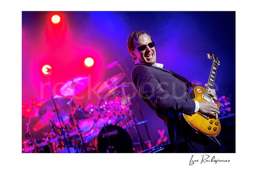 Horizontal color image of Joe Bonamassa performing live on stage with his guitar under vivid pink and blue lighting