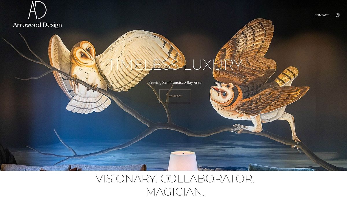 Arrowood Design's one-page interior design website, a painted barn-owl mural behind a 'Timeless Luxury' headline