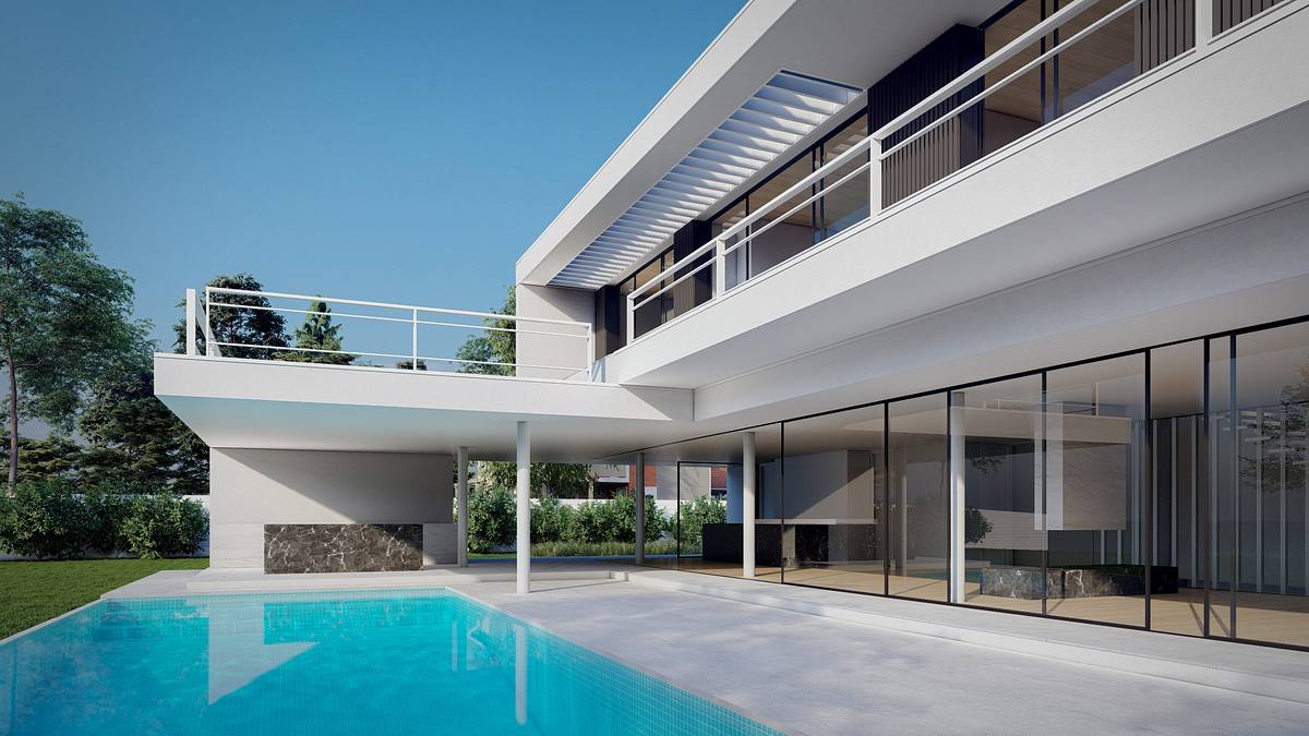 render exterior casa lujo lago suiza arquitectura moderna
