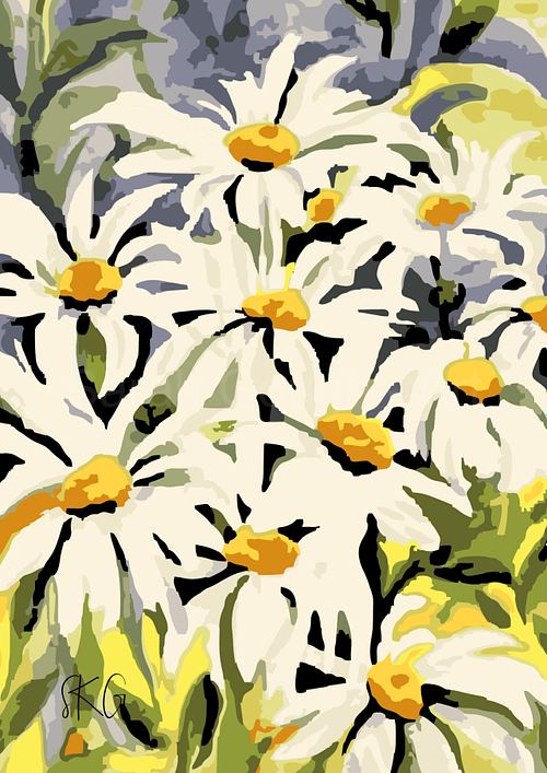 Vibrant watercolour poster print featuring a cluster of cheerful white daisies with golden centres and rich contrasting tones against a dark background.