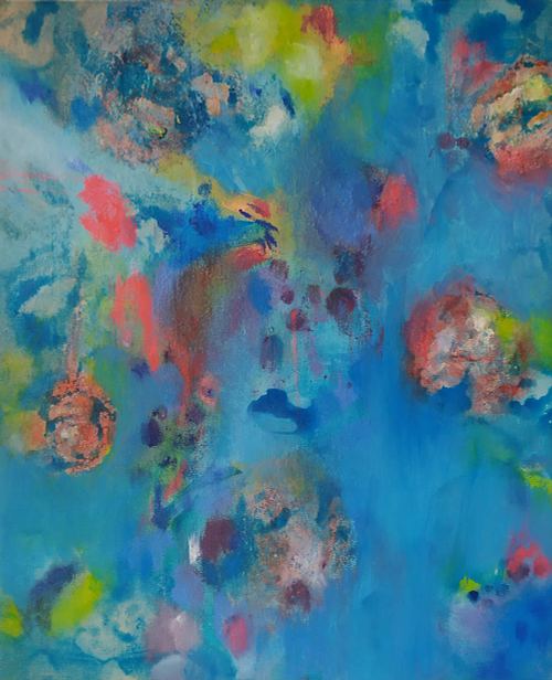 peinture florale abstraite, toile abstraite florale, peinture &agrave; l'huile, moyen format 38x46 cm, acrylique, a&eacute;rosol,  oil stick, sur toile, tableau original, abstraction lyrique, expressionnisme abstrait, tableau vendu, peinture vendue, tableau de fleurs, tableau couleur bleu, tableau couleurs satur&eacute;es, achat d'art
