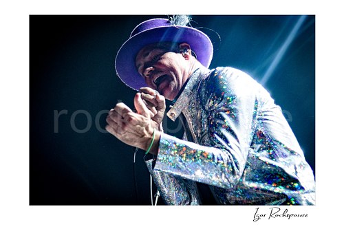 Horizontal color image of Gord Downie of The Tragically Hip singing into a microphone in a dramatic close low-angle live performance shot, wearing a glittering silver jacket and purple hat with bright stage light behind him