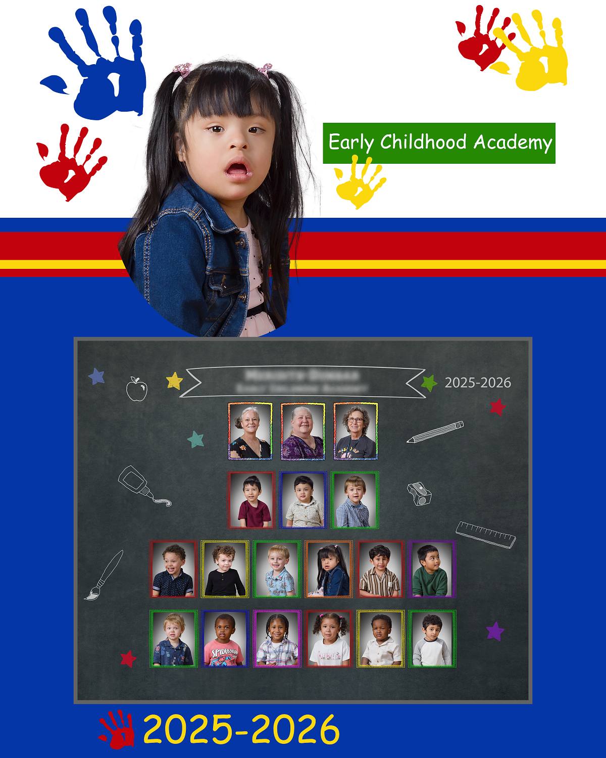 Early Childhood Academy 2025-2026 memory mate featuring preschool student portrait, teachers, and classroom composite photo.