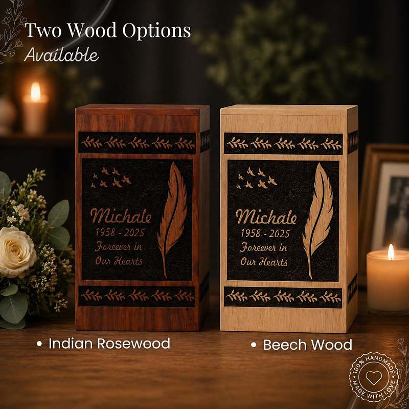 Engraved Feather Wooden Urn Box