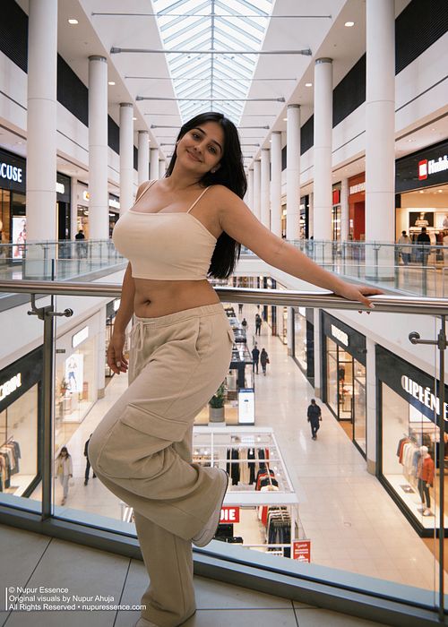 Nupur Ahuja posing near a shopping mall balcony railing in a beige fashion ensemble, published through Nupur Essence