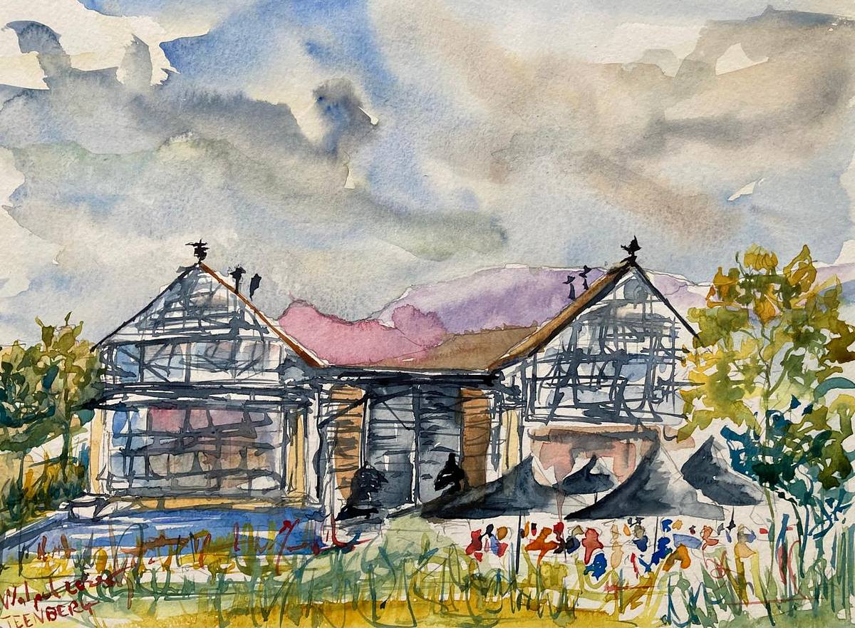 A watercolour painting of the tasting room and restaurant at Steenberg farm