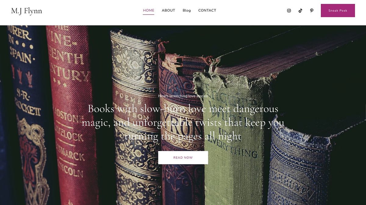 MJ Flynn author website with a vintage book-spine hero and serif type