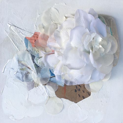 Mitosis, 2016, Acrylic, collage, steel wire, and fabric petals on canvas, 12"x12"