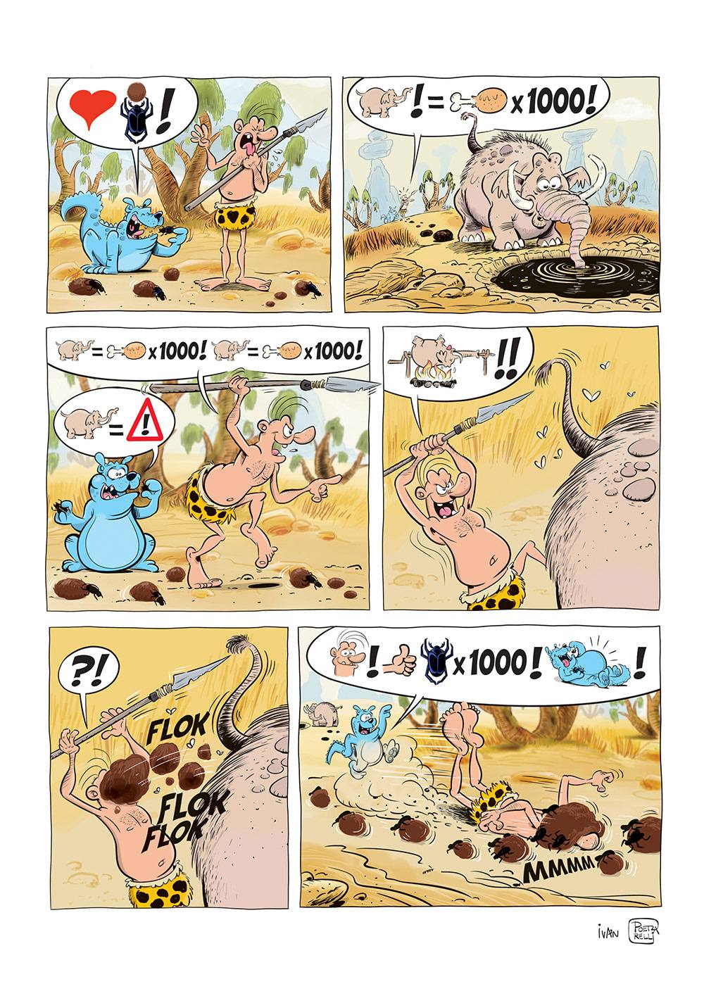 Strippagina met Caztar die een olifant besluipt. Maar hij kont te dicht bij het achterwerk van de olifant. De mestkevers dragen caztar snel weg.