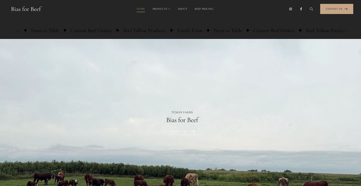 Bias for Beef homepage with an editorial serif wordmark and a scrolling product marquee