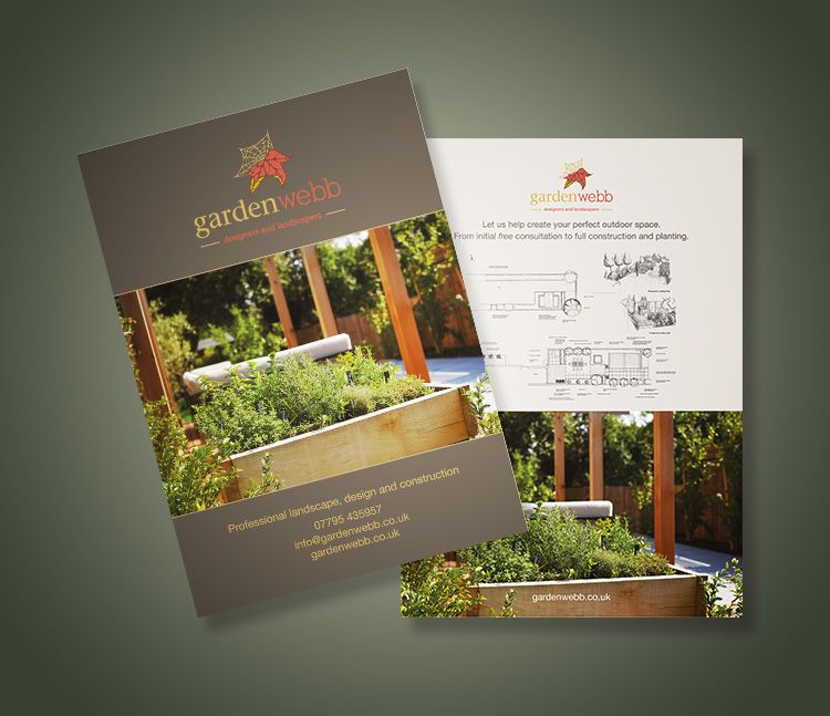 garden landscaper leaflet showing wooden pergola over raised beds