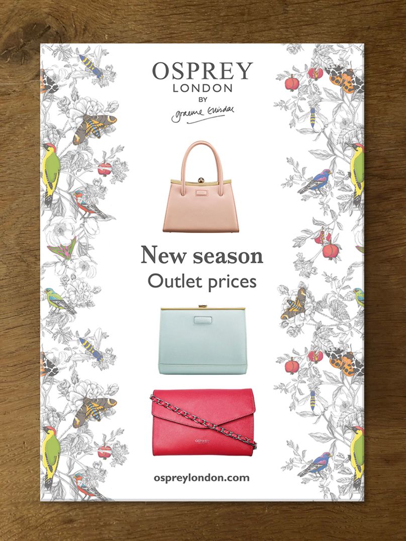 poster with three leather handbags edged with colourful birds and black and white foliage