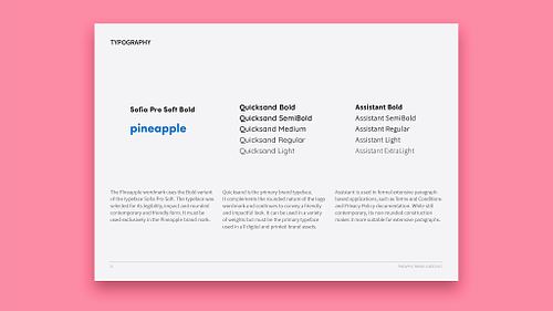 Brand guidelines document page showing the brand typography, consisting of Sofia Pro Soft Bold for the Pineapple wordmark, the Quicksand font family as the primary brand typeface, and the non-rounded Assistant font family for longer-form text.