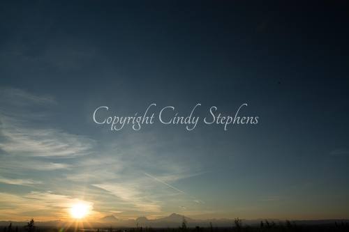 Setting sun against pine trees and mountains in Alaska