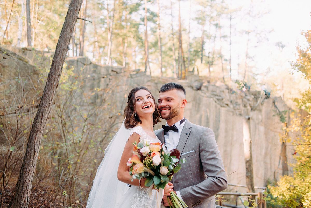 Bride and groom sharing a moment on their wedding day.