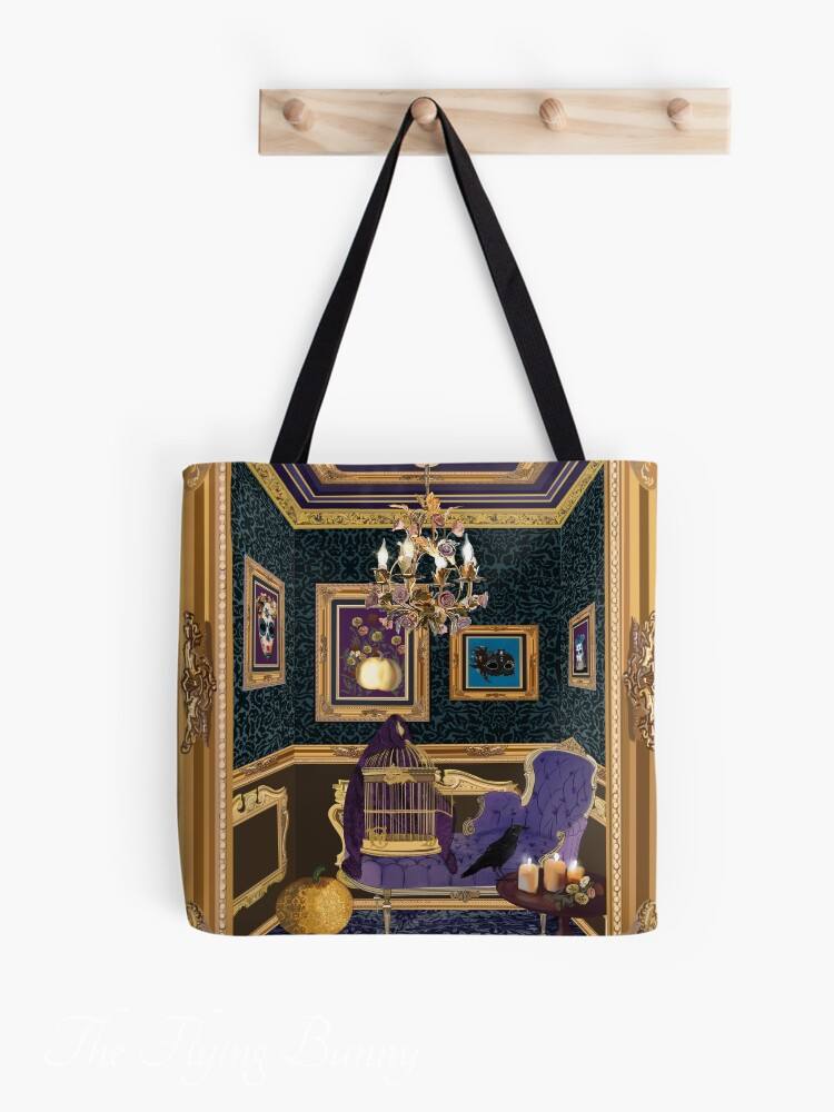Tote bag featuring an ornate dark maximalist room illustration with gold frames, chandelier, purple chair, birdcage, raven, candles, and moody teal wallpaper.