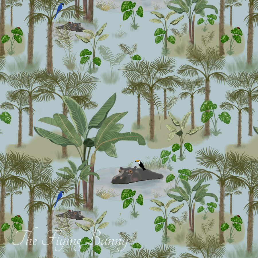 Soft tropical jungle scene with palm trees, banana leaves, ferns, hippos, toucans, blue macaws, and tiny ladybugs on a pale blue background.