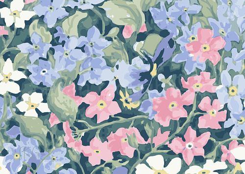 Vibrant watercolour poster print featuring a delicate mix of blue forget-me-nots, pink blossoms, and white flowers with rich contrasting tones.