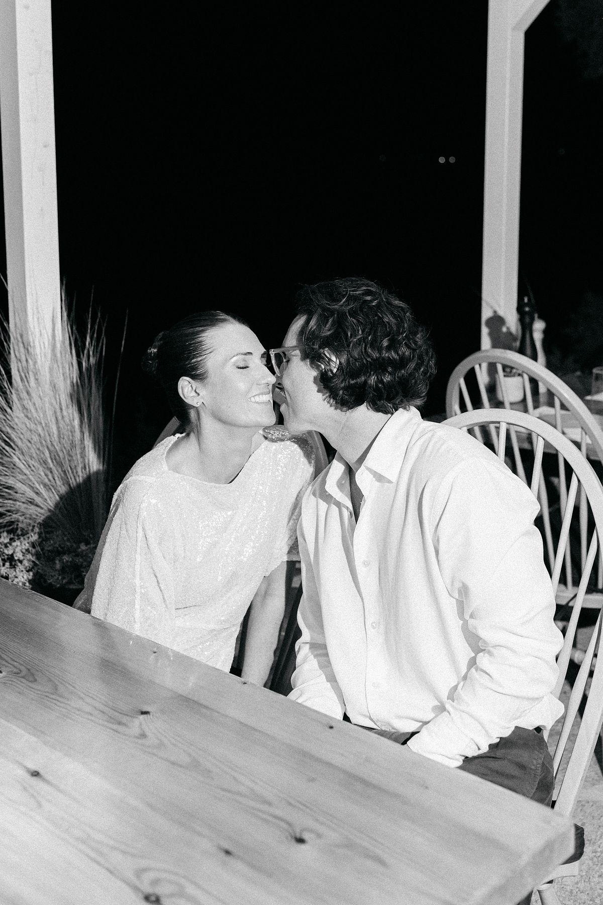 intimate wedding couple moment after ceremony in Paros Cyclades Greece with flash photography &ndash; editorial destination wedding