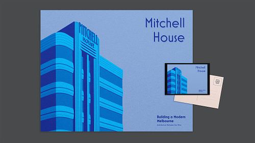 Layout presenting a retro-inspired poster and matching postcard featuring a minimalist vector illustration of the Mitchell House fa&ccedil;ade in blue tones on a light blue background.