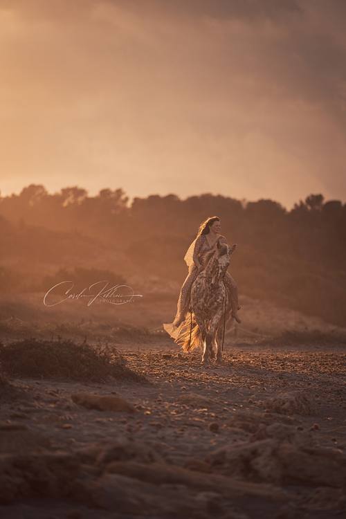 Junge Frau reitet im Glitzerkleid am Strand bei Sonnenuntergang – verträumte Pferdefotografie von Carolin Kohlross in Amberg
