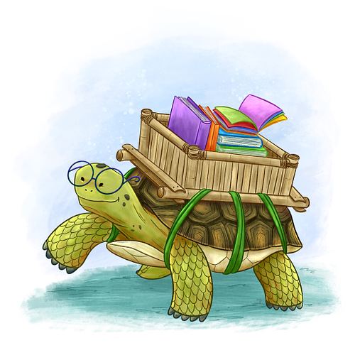 A big green turtle carrying a bamboo box of colorful books