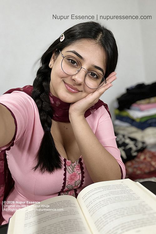 Nupur Ahuja for Nupur Essence wearing a pink salwar suit while reading a book indoors