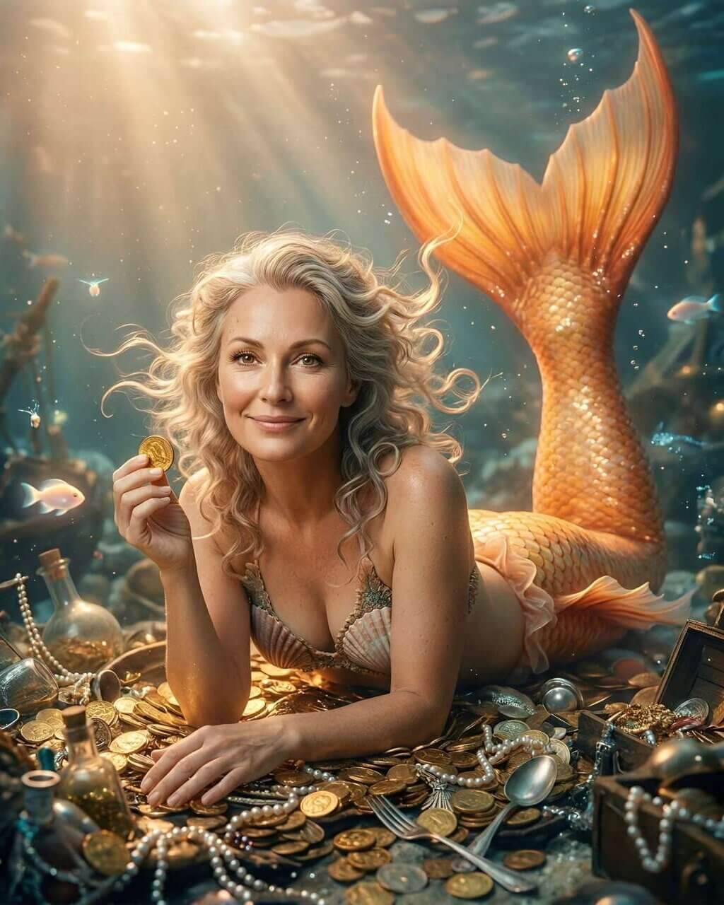 Fantasy mermaid portrait featuring a golden-tailed mermaid surrounded by treasure, pearls, and ancient riches in a magical underwater kingdom illuminated by sunbeams.