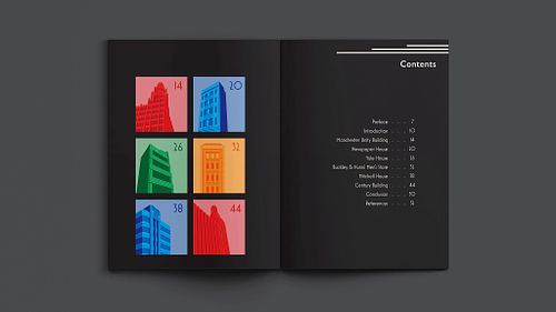 Double-page spread of the publication showing full-colour stamp-style illustrations of the six featured buildings on the left page and a contents page listing ten sections on the right.