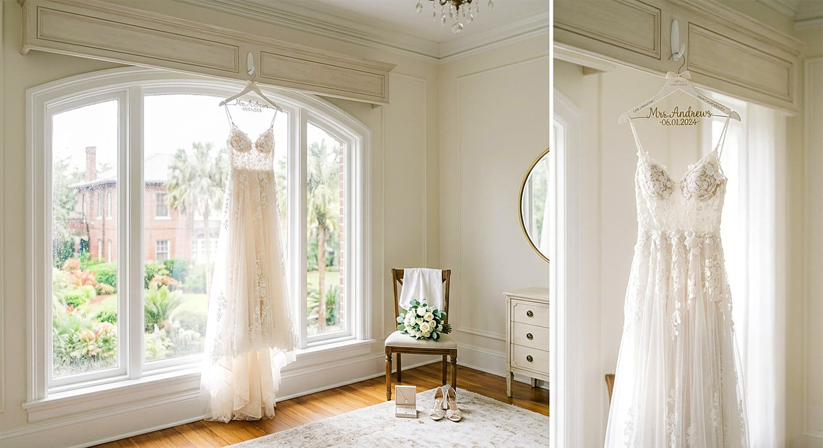 A bridal gown hanging by a large window in a light-filled Jacksonville estate during wedding preparations.