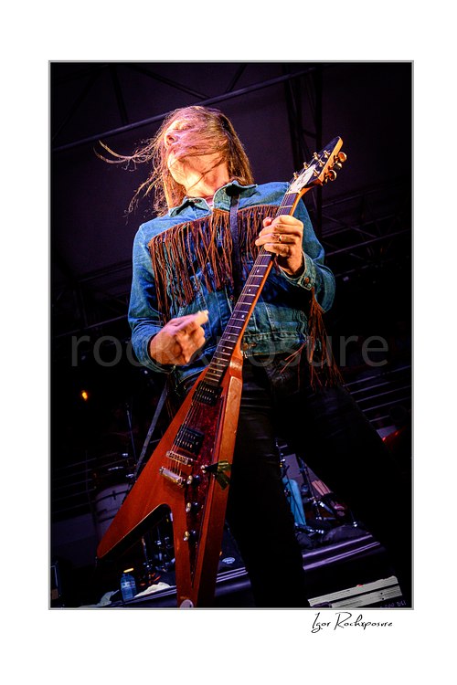 Vertical color image of Jesper Binzer of D-A-D performing live with a Flying V guitar, captured from a dramatic low angle with hair falling across his face