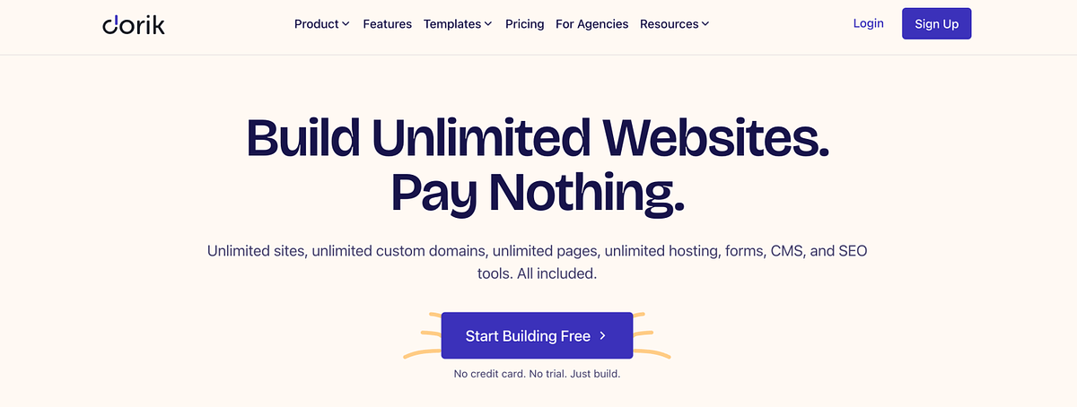 Dorik AI homepage showing the AI-first website generator and white-label CMS